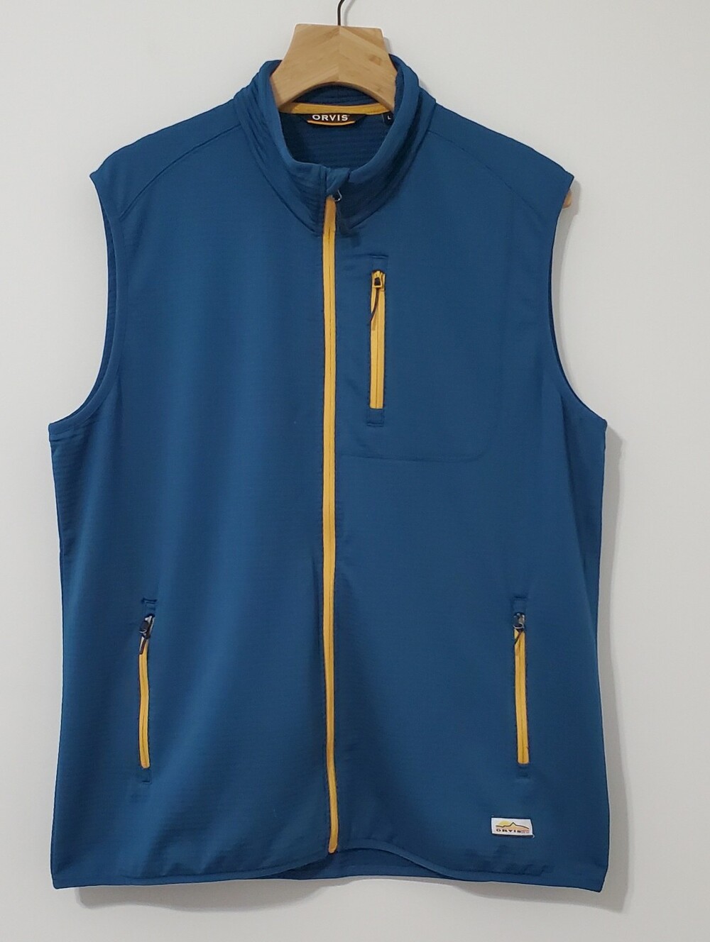 Orvis Horseshoe Hills Teal Blue Vest with Yellow Zippers Mens Large
